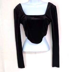 Divided Black Crop Velvet Long Sleeve Top for Women Casual Square Neck Blouse